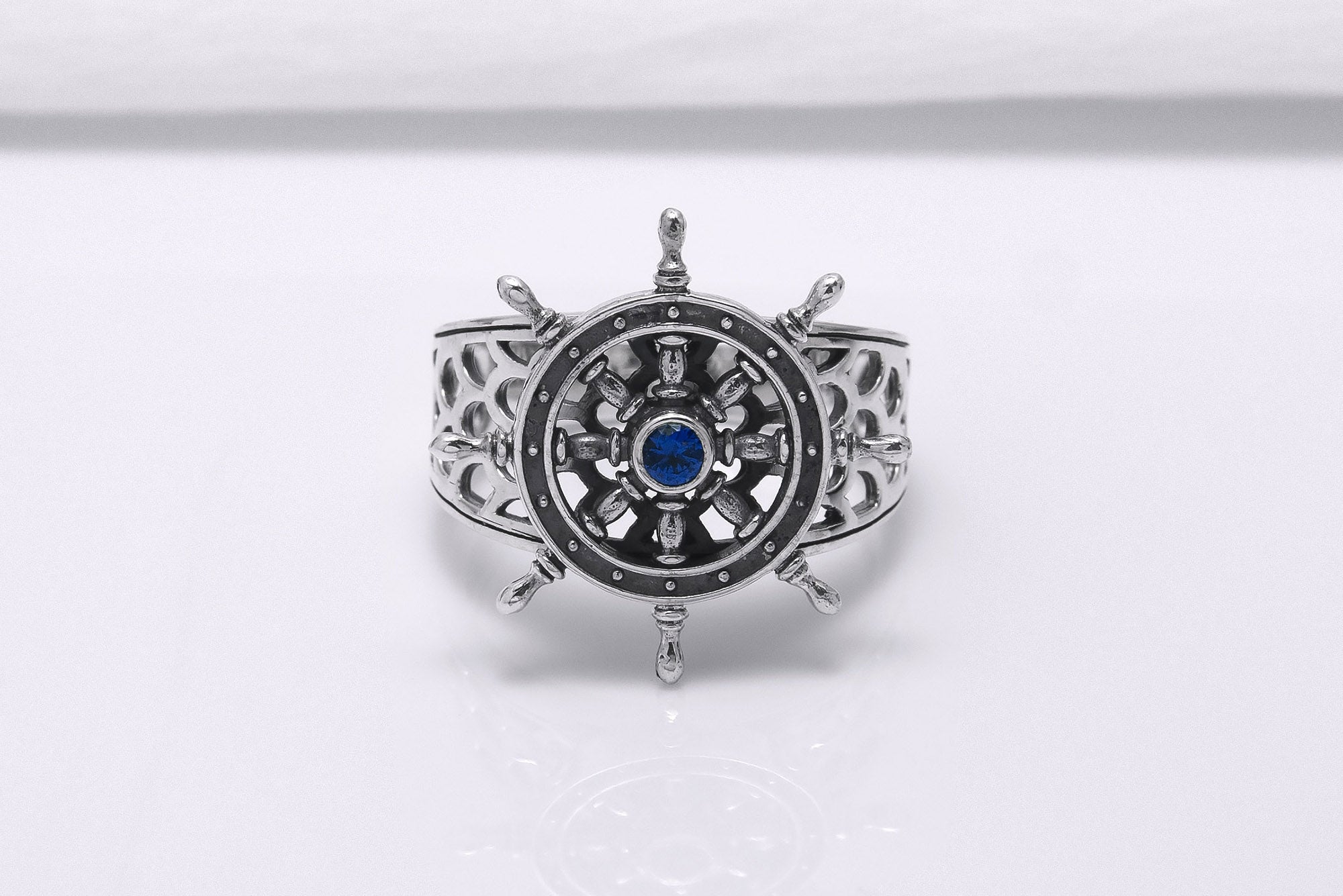 Sterling Silver Ship Wheel Ring with Blue Gem, Handcrafted Marine Jewelry - vikingworkshop