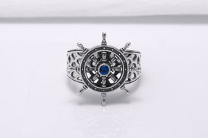 Sterling Silver Ship Wheel Ring with Blue Gem, Handcrafted Marine Jewelry - vikingworkshop