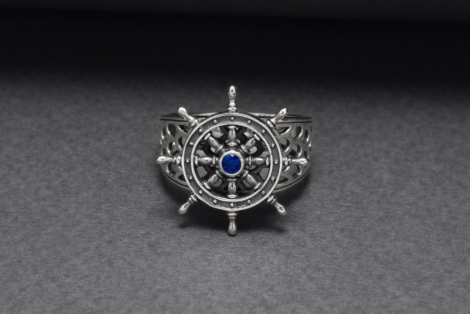 Sterling Silver Ship Wheel Ring with Blue Gem, Handcrafted Marine Jewelry - vikingworkshop