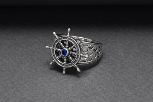 Sterling Silver Ship Wheel Ring with Blue Gem, Handcrafted Marine Jewelry - vikingworkshop