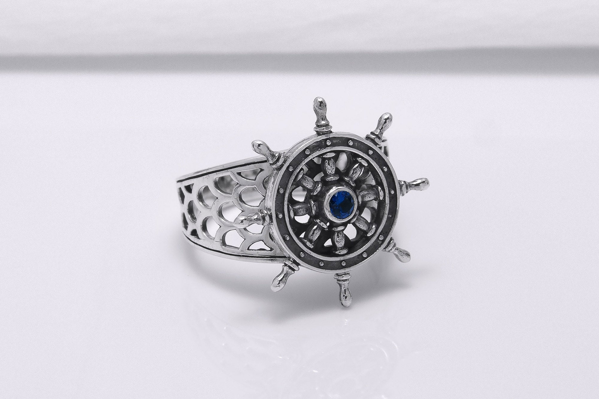 Sterling Silver Ship Wheel Ring with Blue Gem, Handcrafted Marine Jewelry - vikingworkshop