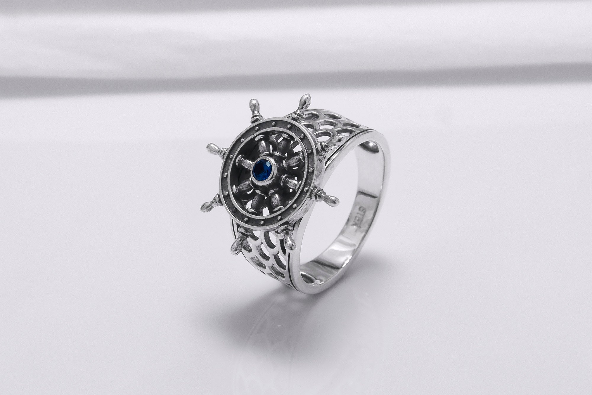 Sterling Silver Ship Wheel Ring with Blue Gem, Handcrafted Marine Jewelry - vikingworkshop