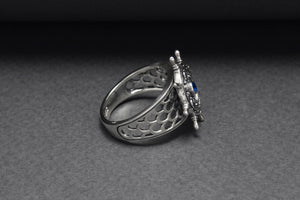 Sterling Silver Ship Wheel Ring with Blue Gem, Handcrafted Marine Jewelry - vikingworkshop