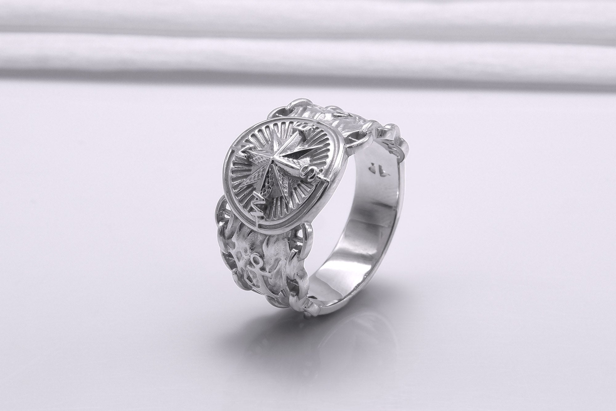 950 Platinum Compass Symbol with Anchor and Chain, Unique Sailor's Ring - vikingworkshop