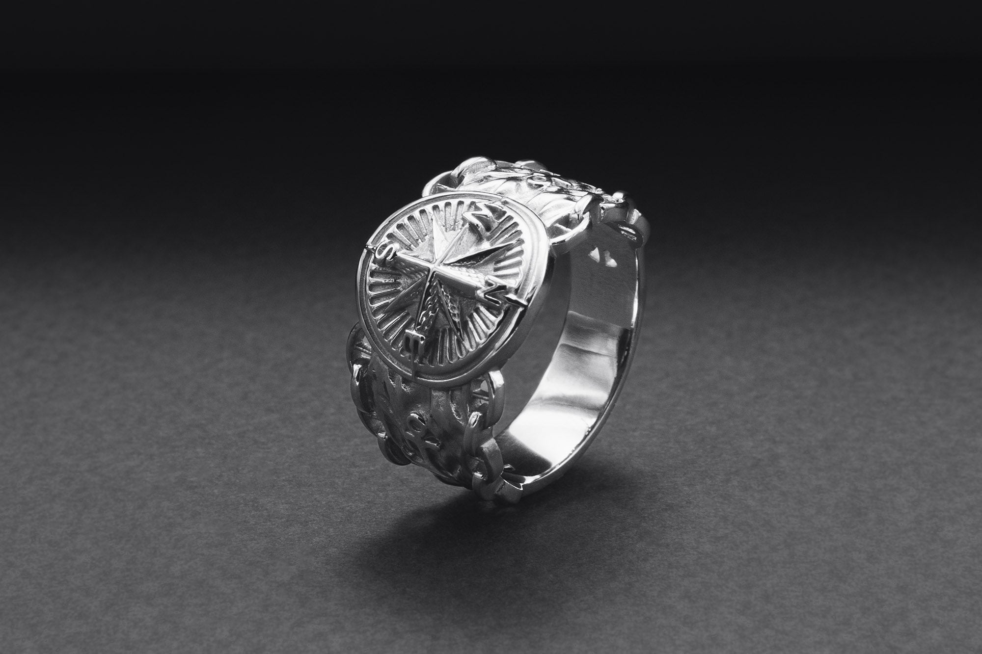 950 Platinum Compass Symbol with Anchor and Chain, Unique Sailor's Ring - vikingworkshop