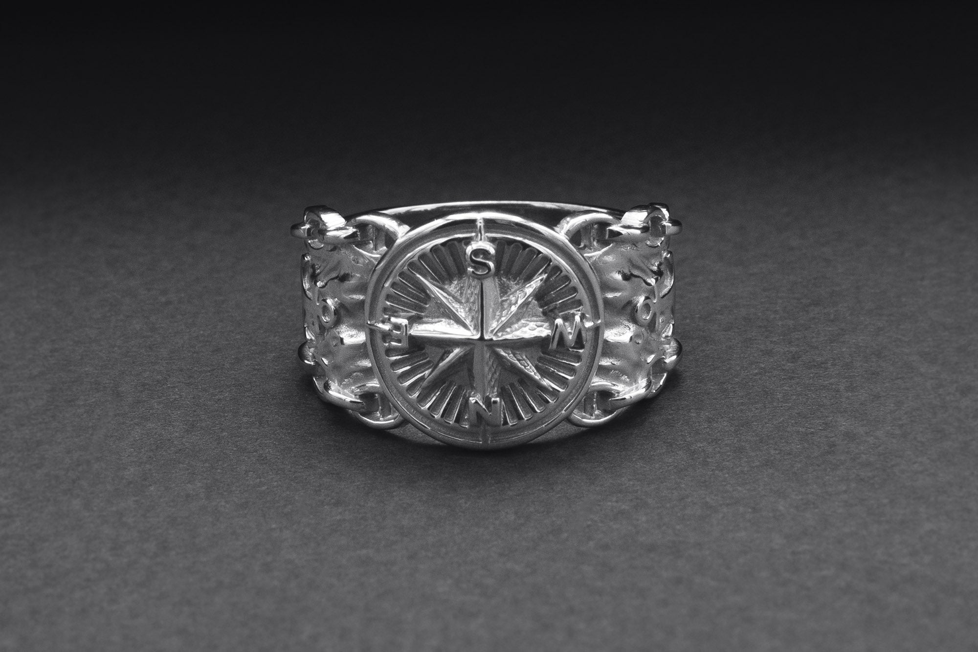 950 Platinum Compass Symbol with Anchor and Chain, Unique Sailor's Ring - vikingworkshop