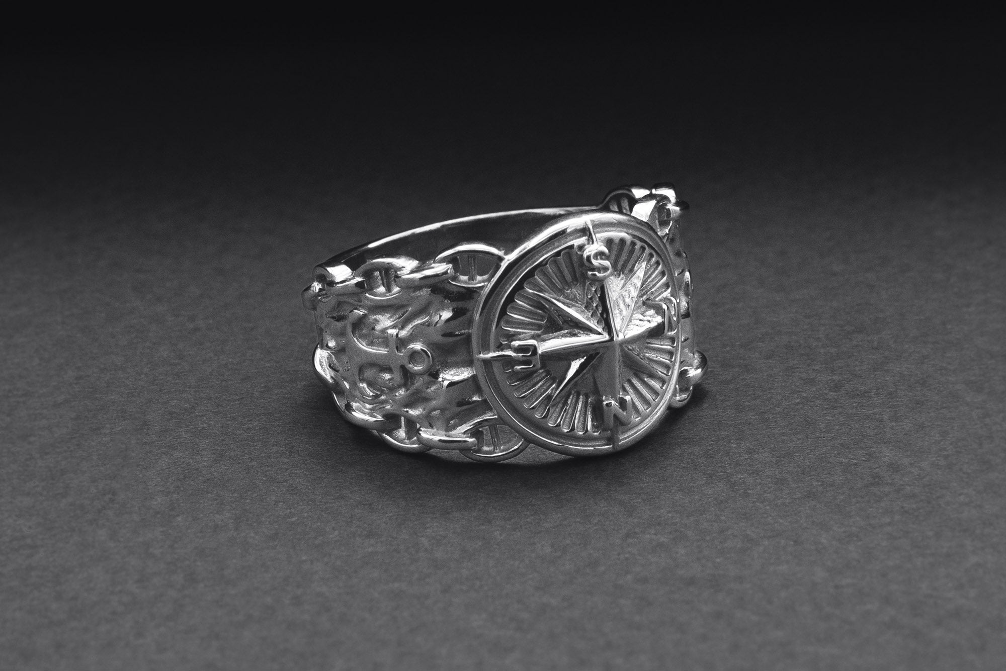 950 Platinum Compass Symbol with Anchor and Chain, Unique Sailor's Ring - vikingworkshop