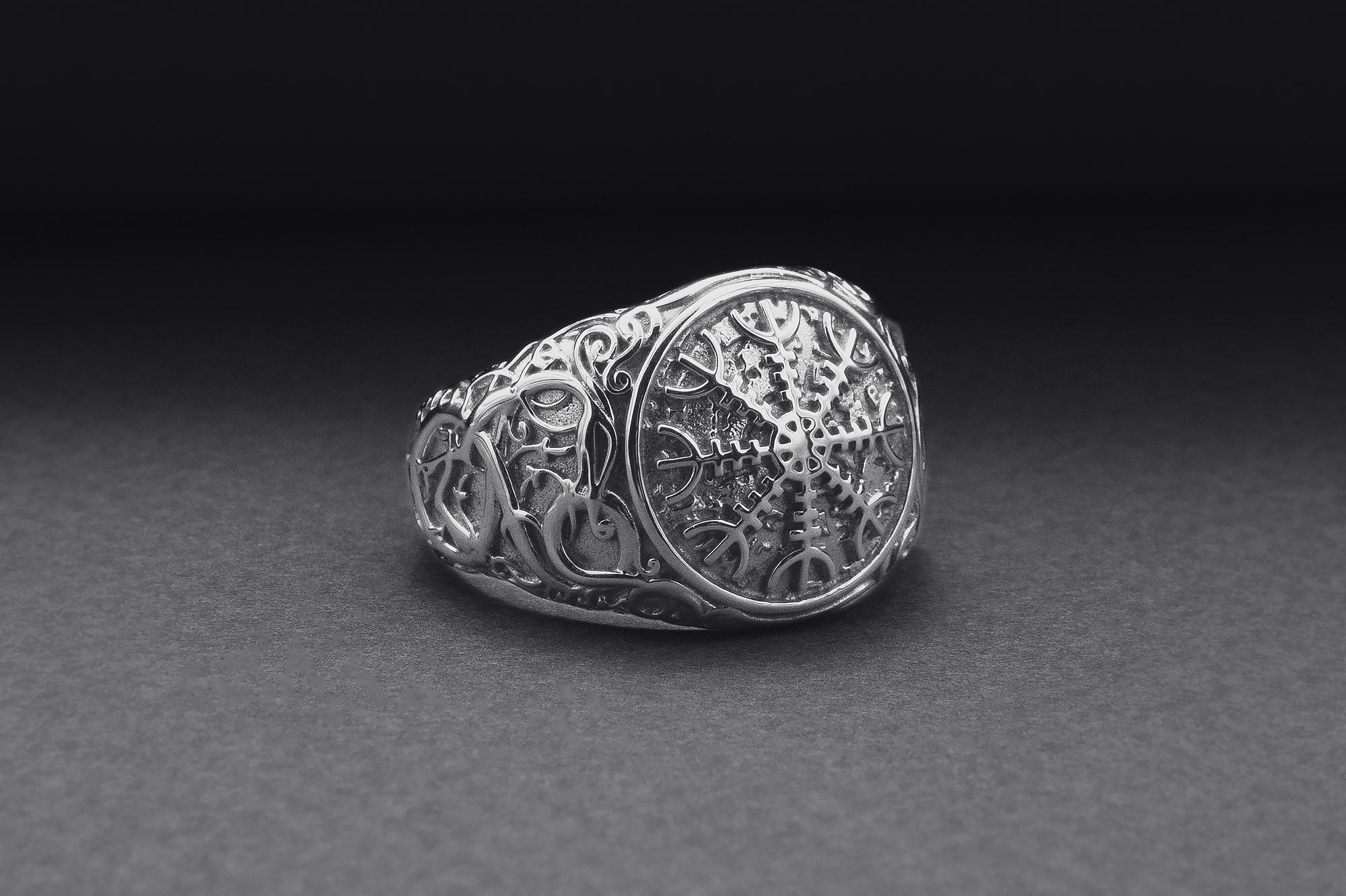 950 Platinum Helm of Awe Symbol with Urnes Style, Handcrafted Norse Ring - vikingworkshop