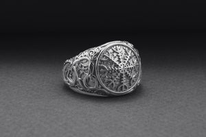 950 Platinum Helm of Awe Symbol with Urnes Style, Handcrafted Norse Ring - vikingworkshop