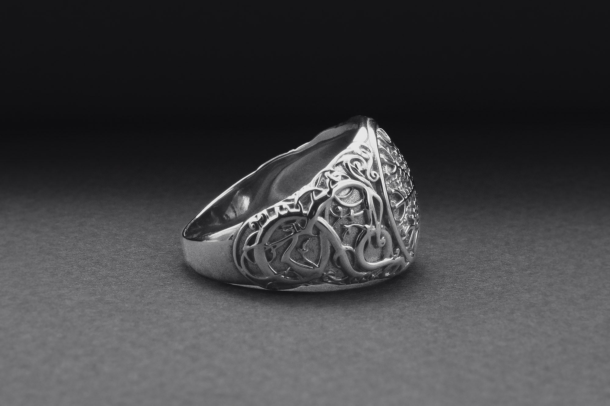 950 Platinum Helm of Awe Symbol with Urnes Style, Handcrafted Norse Ring - vikingworkshop