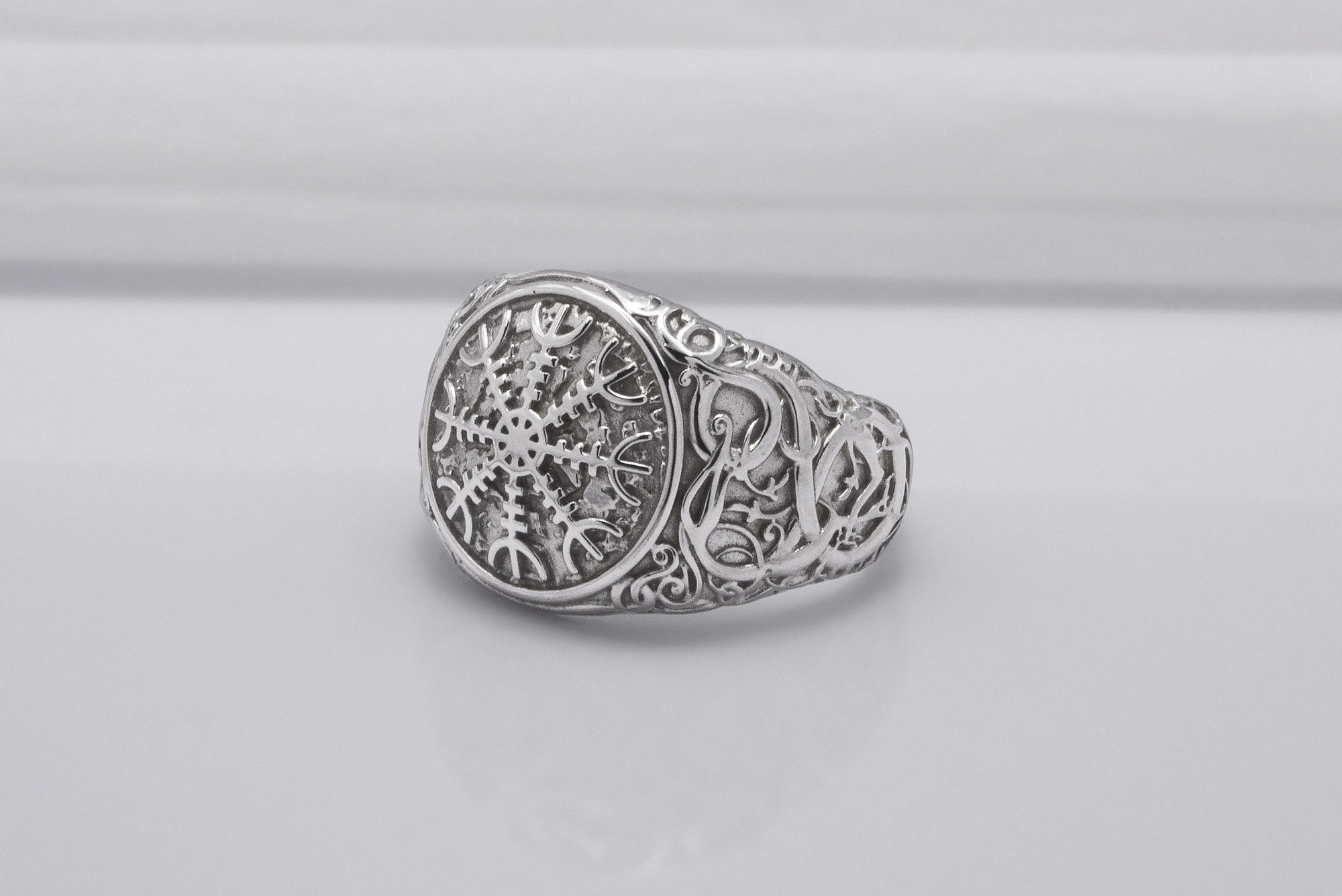 950 Platinum Helm of Awe Symbol with Urnes Style, Handcrafted Norse Ring - vikingworkshop