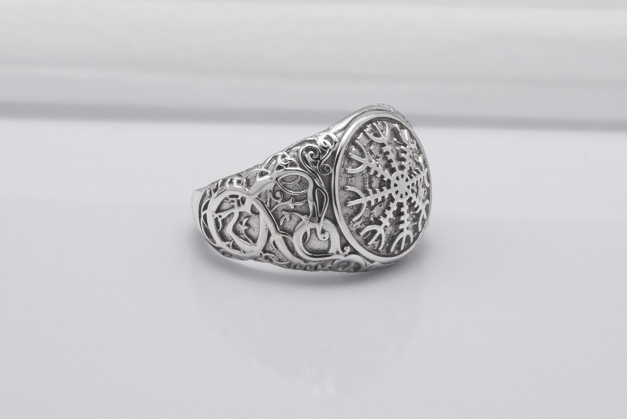 950 Platinum Helm of Awe Symbol with Urnes Style, Handcrafted Norse Ring - vikingworkshop