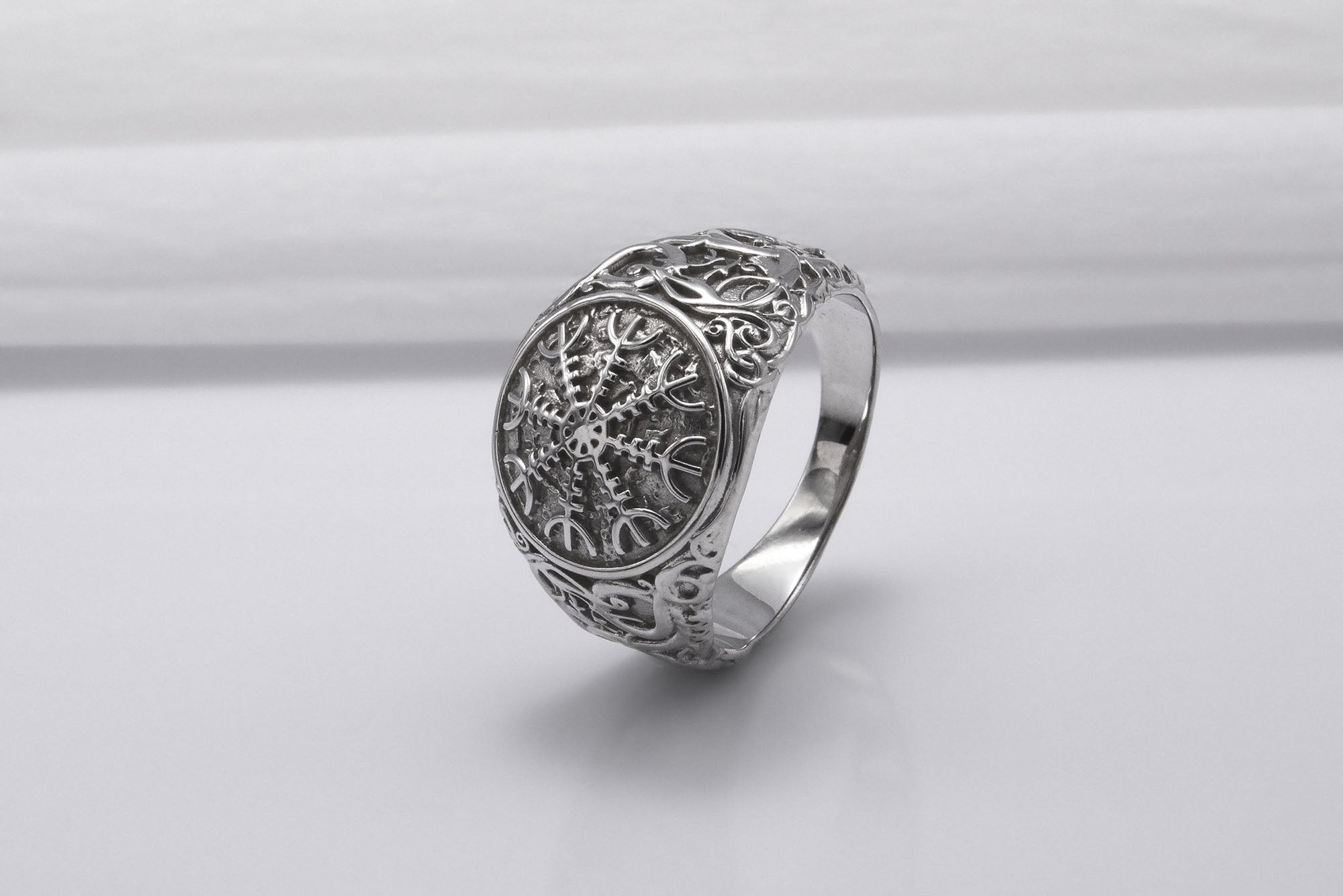 950 Platinum Helm of Awe Symbol with Urnes Style, Handcrafted Norse Ring - vikingworkshop