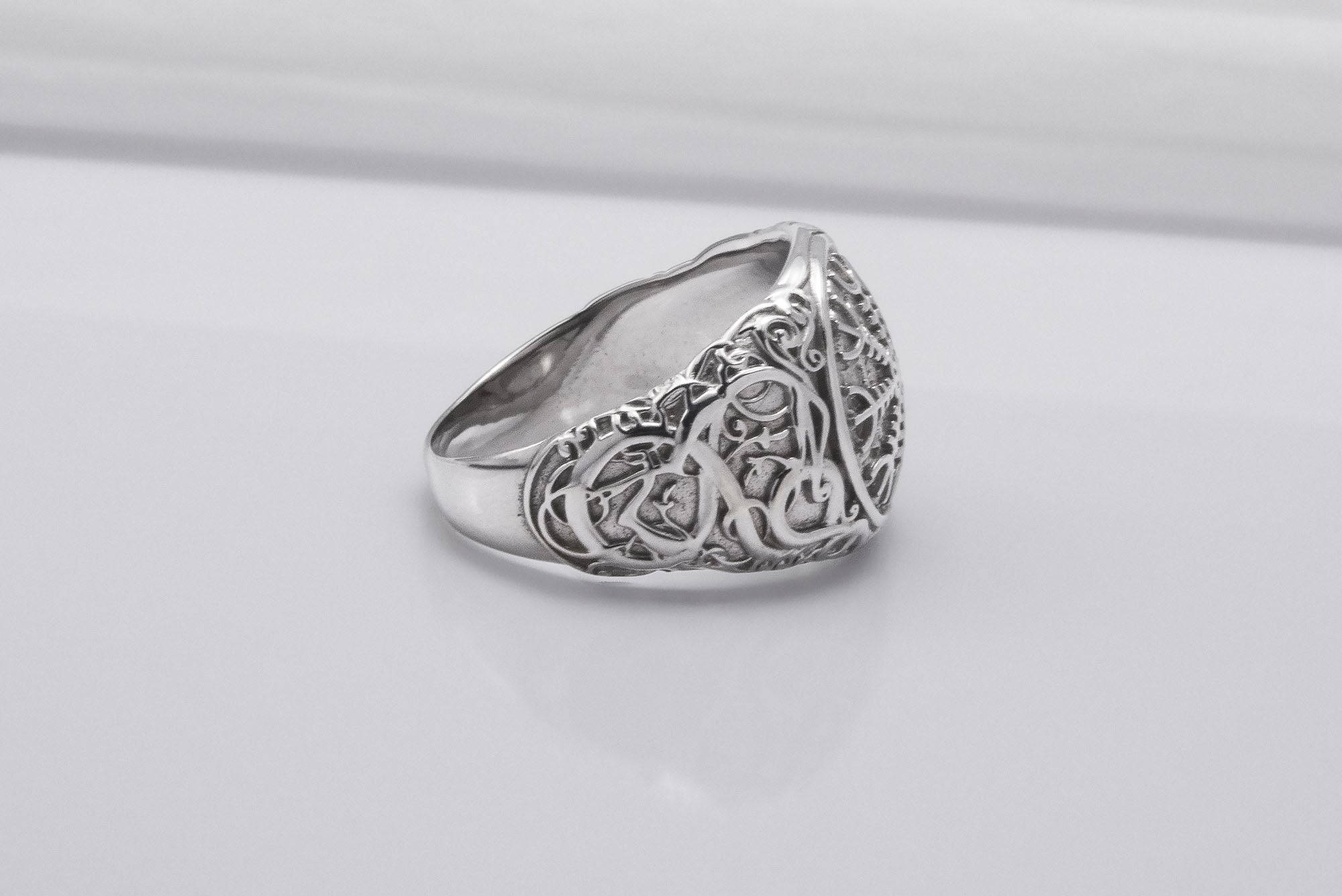 950 Platinum Helm of Awe Symbol with Urnes Style, Handcrafted Norse Ring - vikingworkshop