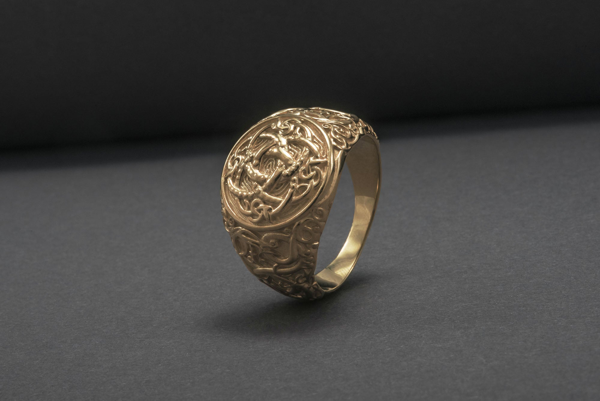 Jormungandr Symbol with Urnes Style Gold Norse Ring - vikingworkshop