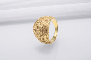 Jormungandr Symbol with Urnes Style Gold Norse Ring - vikingworkshop