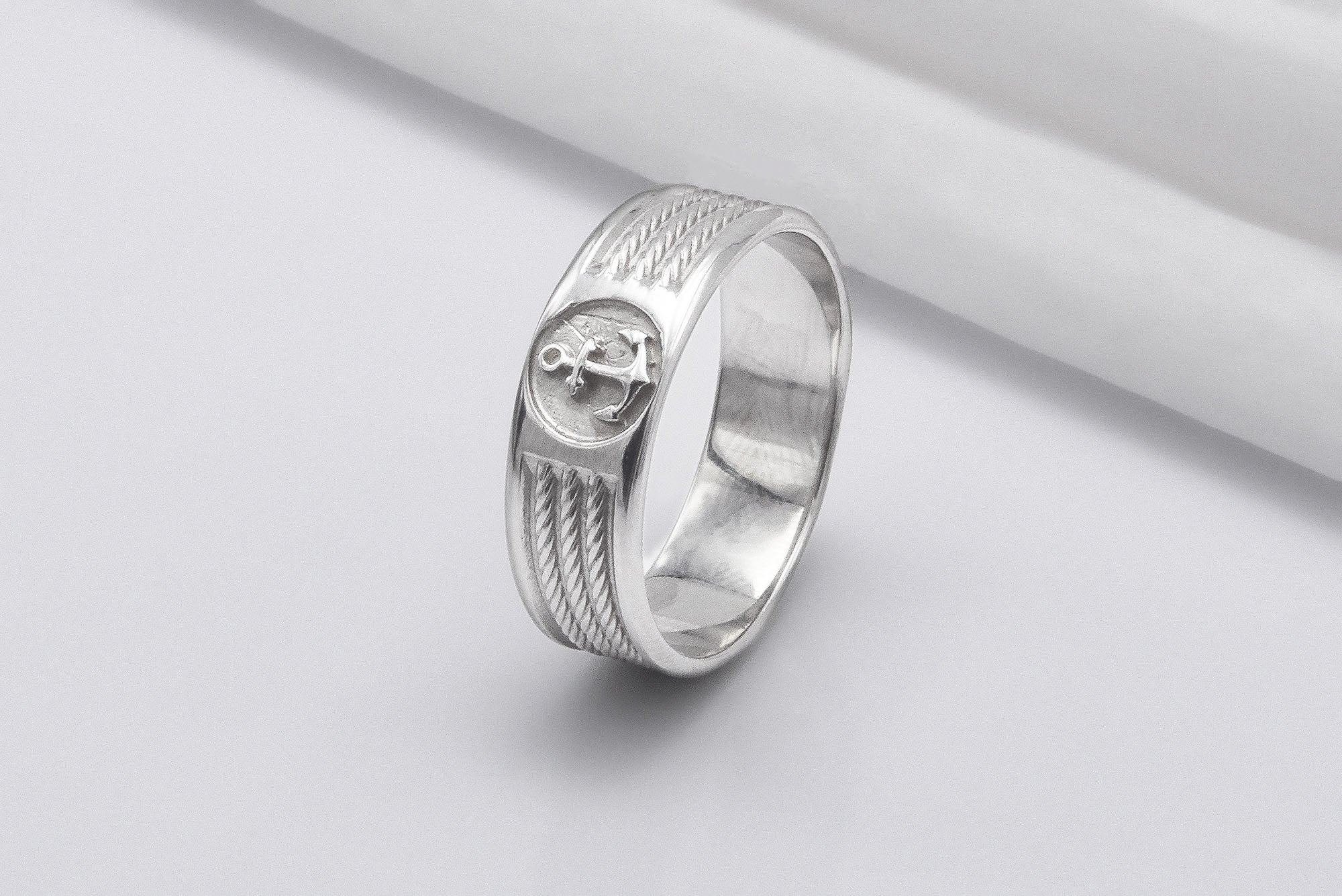 950 Platinum Ring with Anchor Symbol Ornament Style, Handcrafted Sailor's Jewelry - vikingworkshop