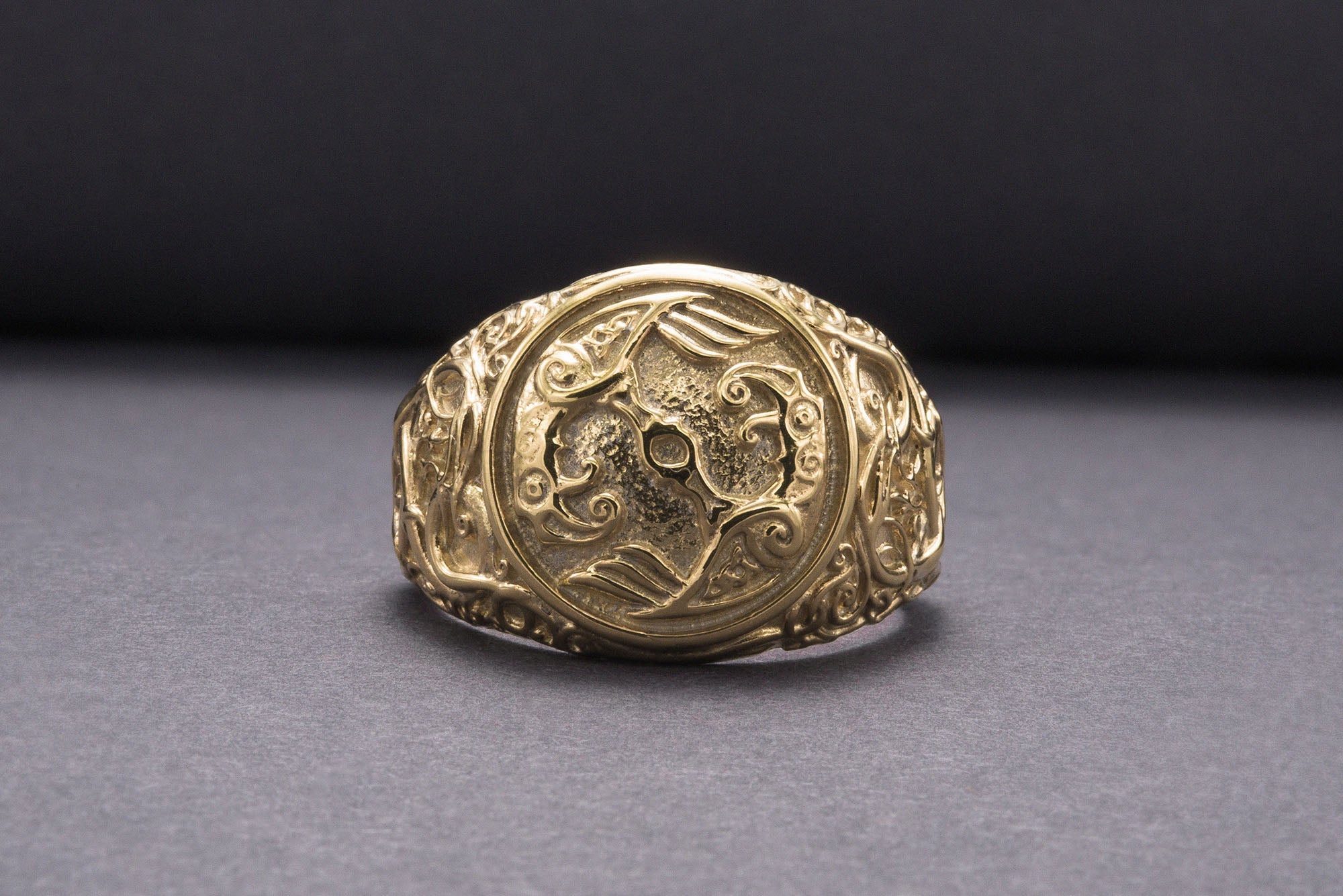 Odin Raven Symbol Ring with Urnes Style Gold Viking Jewelry - vikingworkshop