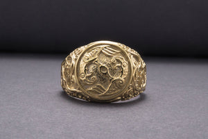 Odin Raven Symbol Ring with Urnes Style Gold Viking Jewelry - vikingworkshop