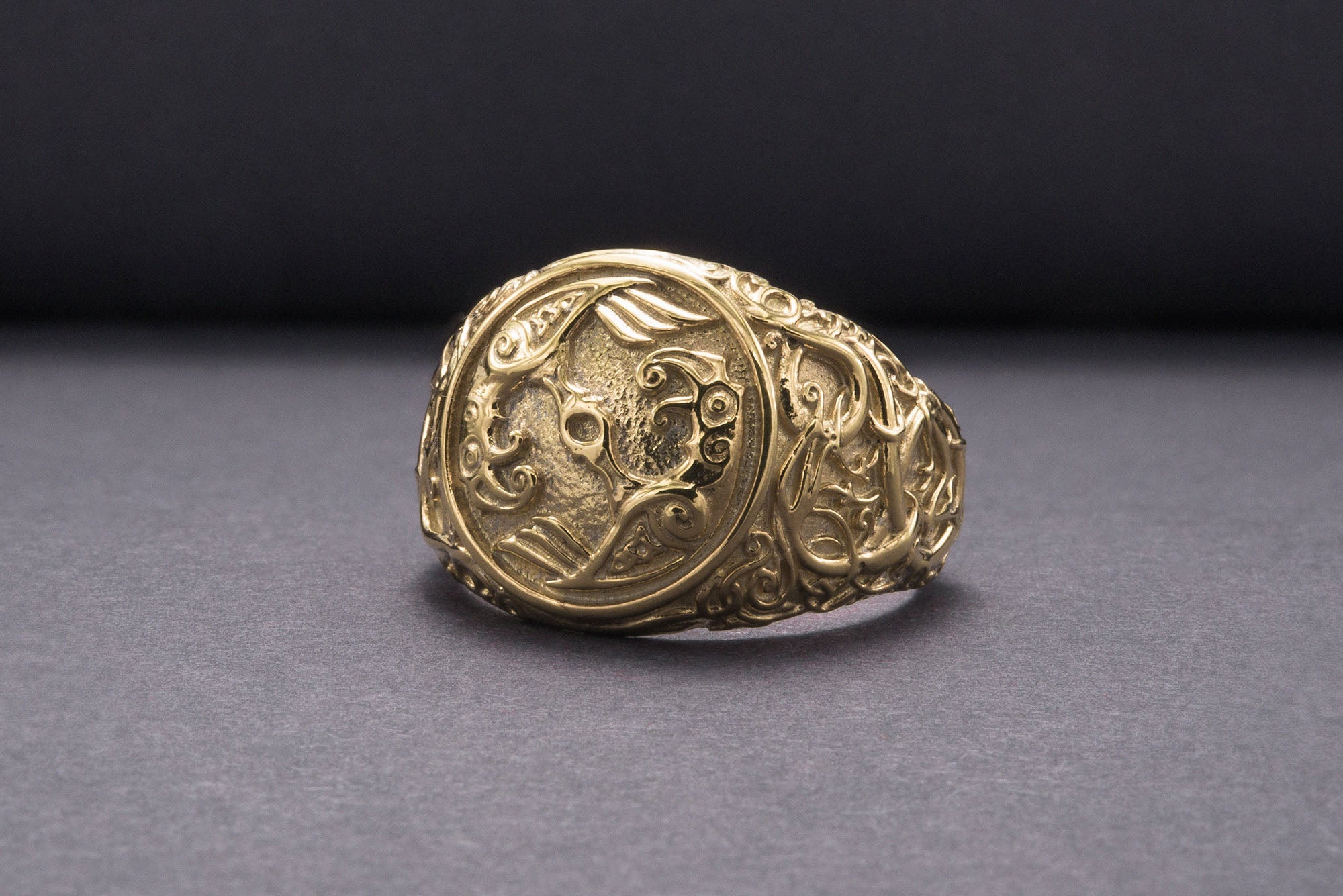 Odin Raven Symbol Ring with Urnes Style Gold Viking Jewelry - vikingworkshop