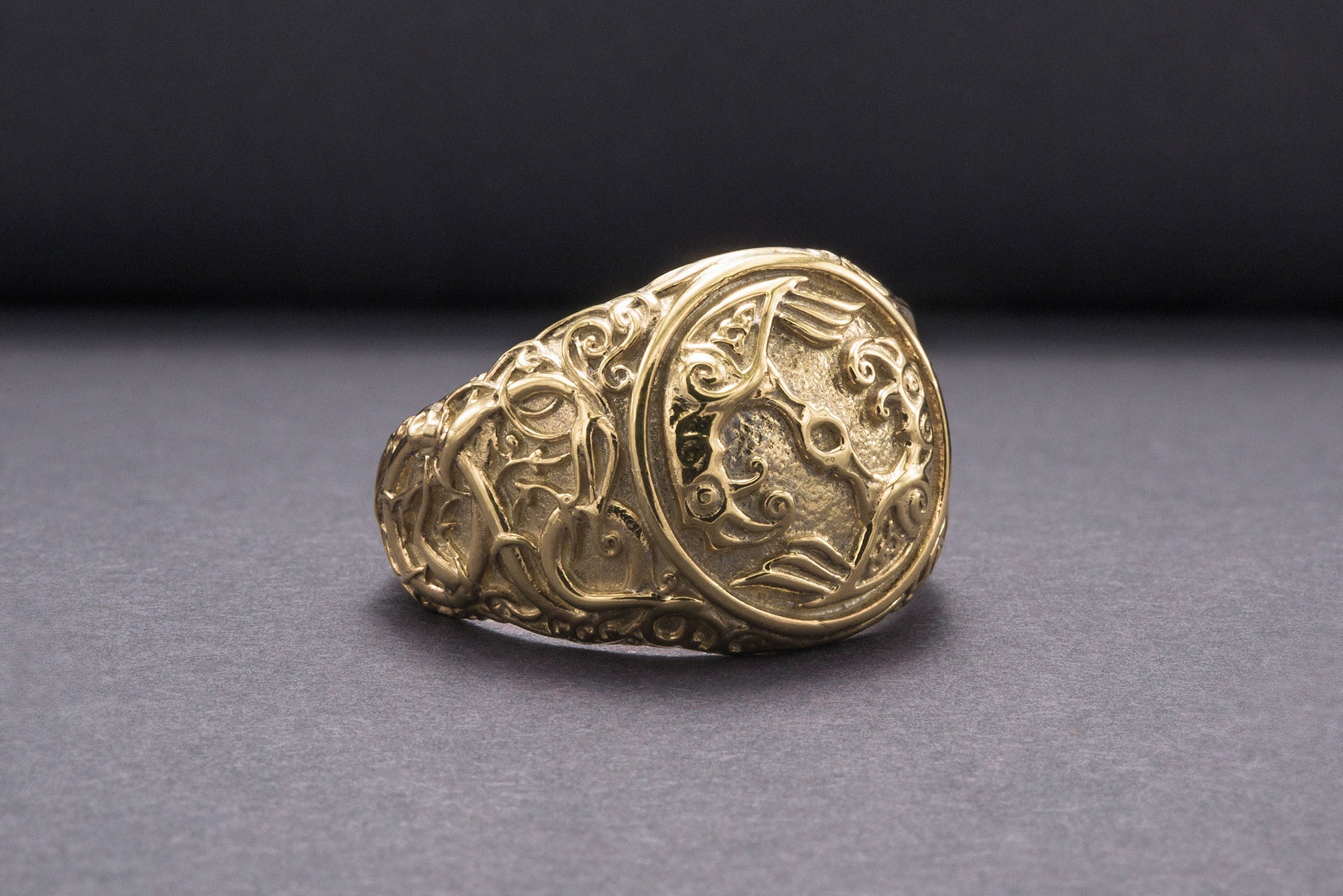 Odin Raven Symbol Ring with Urnes Style Gold Viking Jewelry - vikingworkshop