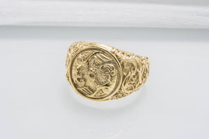 Odin Raven Symbol Ring with Urnes Style Gold Viking Jewelry - vikingworkshop