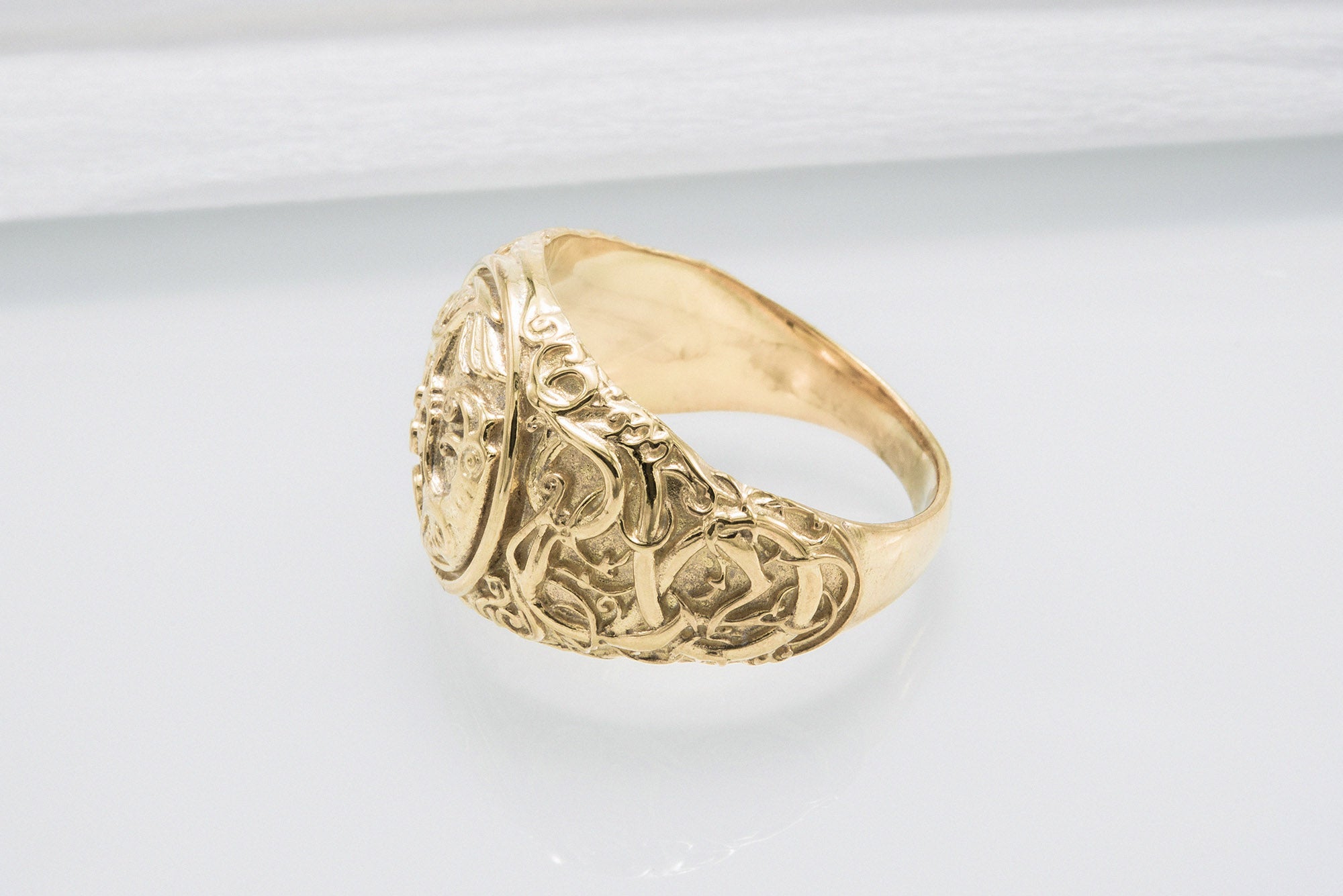 Odin Raven Symbol Ring with Urnes Style Gold Viking Jewelry - vikingworkshop