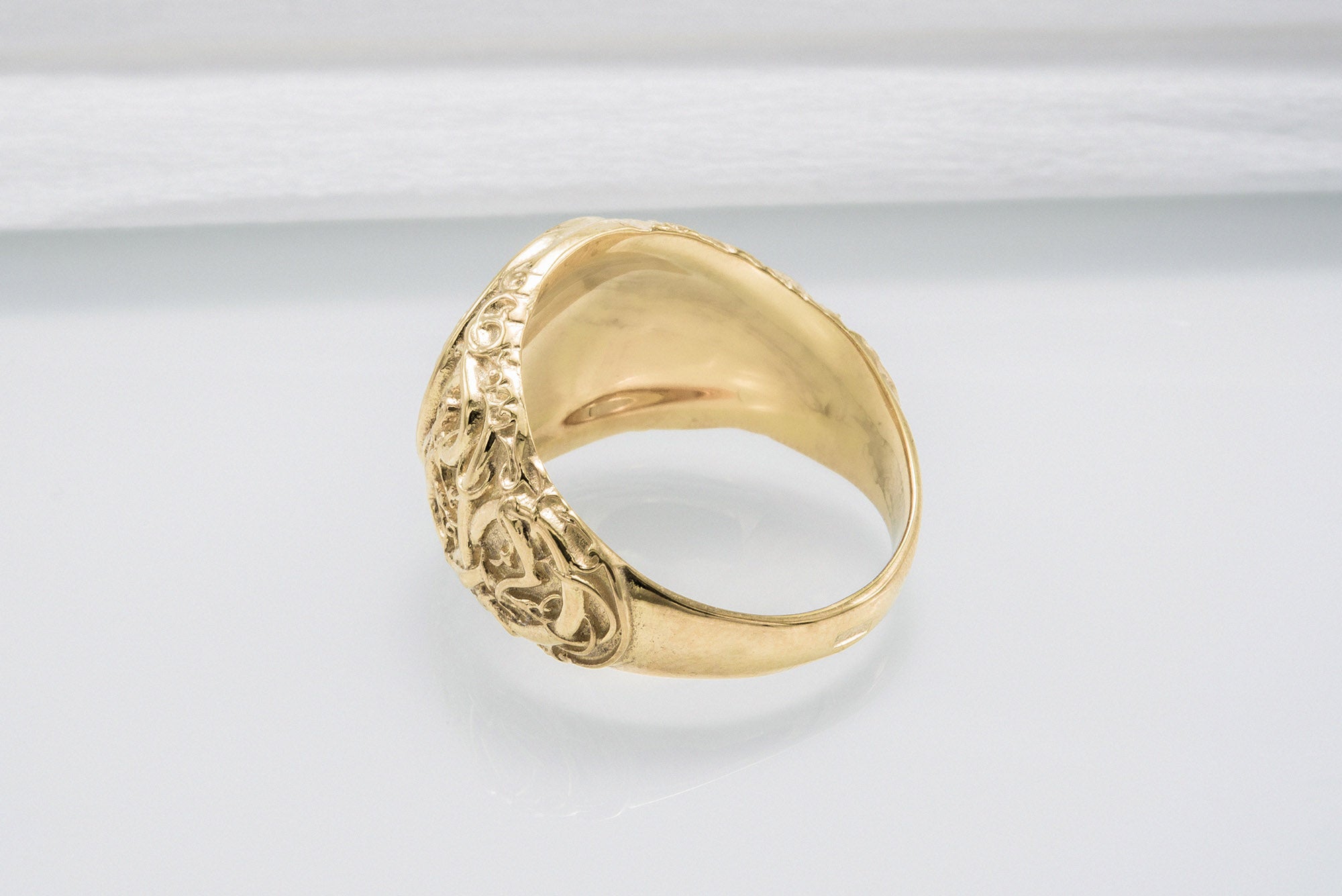 Odin Raven Symbol Ring with Urnes Style Gold Viking Jewelry - vikingworkshop