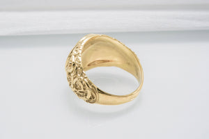 Odin Raven Symbol Ring with Urnes Style Gold Viking Jewelry - vikingworkshop