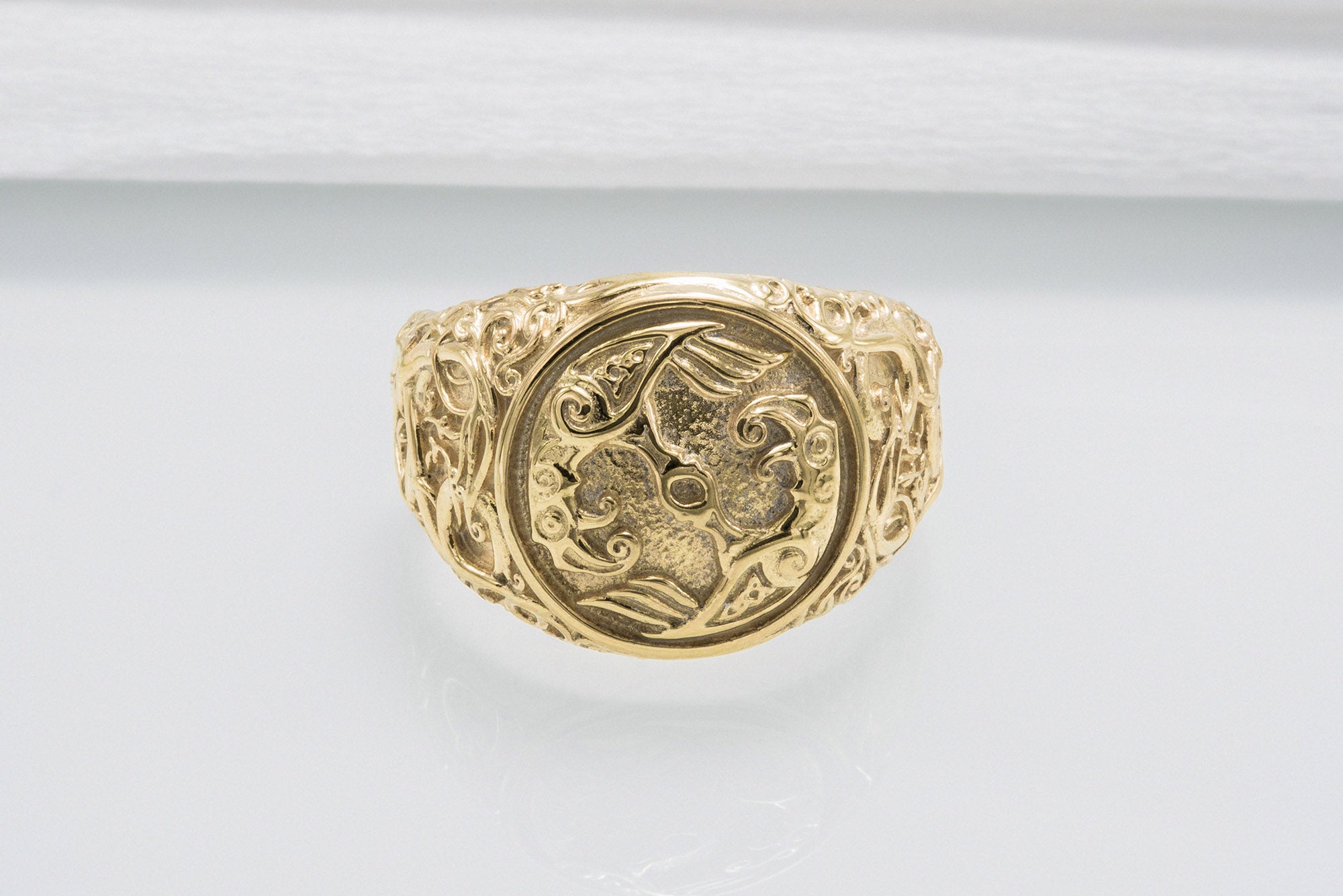 Odin Raven Symbol Ring with Urnes Style Gold Viking Jewelry - vikingworkshop