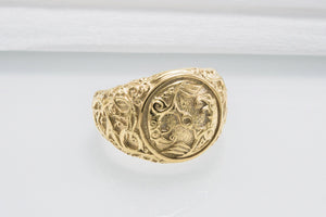 Odin Raven Symbol Ring with Urnes Style Gold Viking Jewelry - vikingworkshop