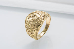 Odin Raven Symbol Ring with Urnes Style Gold Viking Jewelry - vikingworkshop