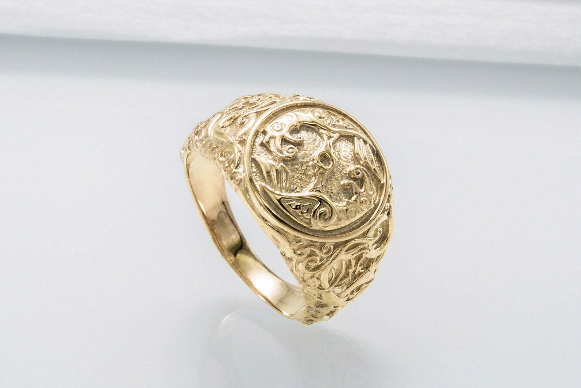 Odin Raven Symbol Ring with Urnes Style Gold Viking Jewelry - vikingworkshop