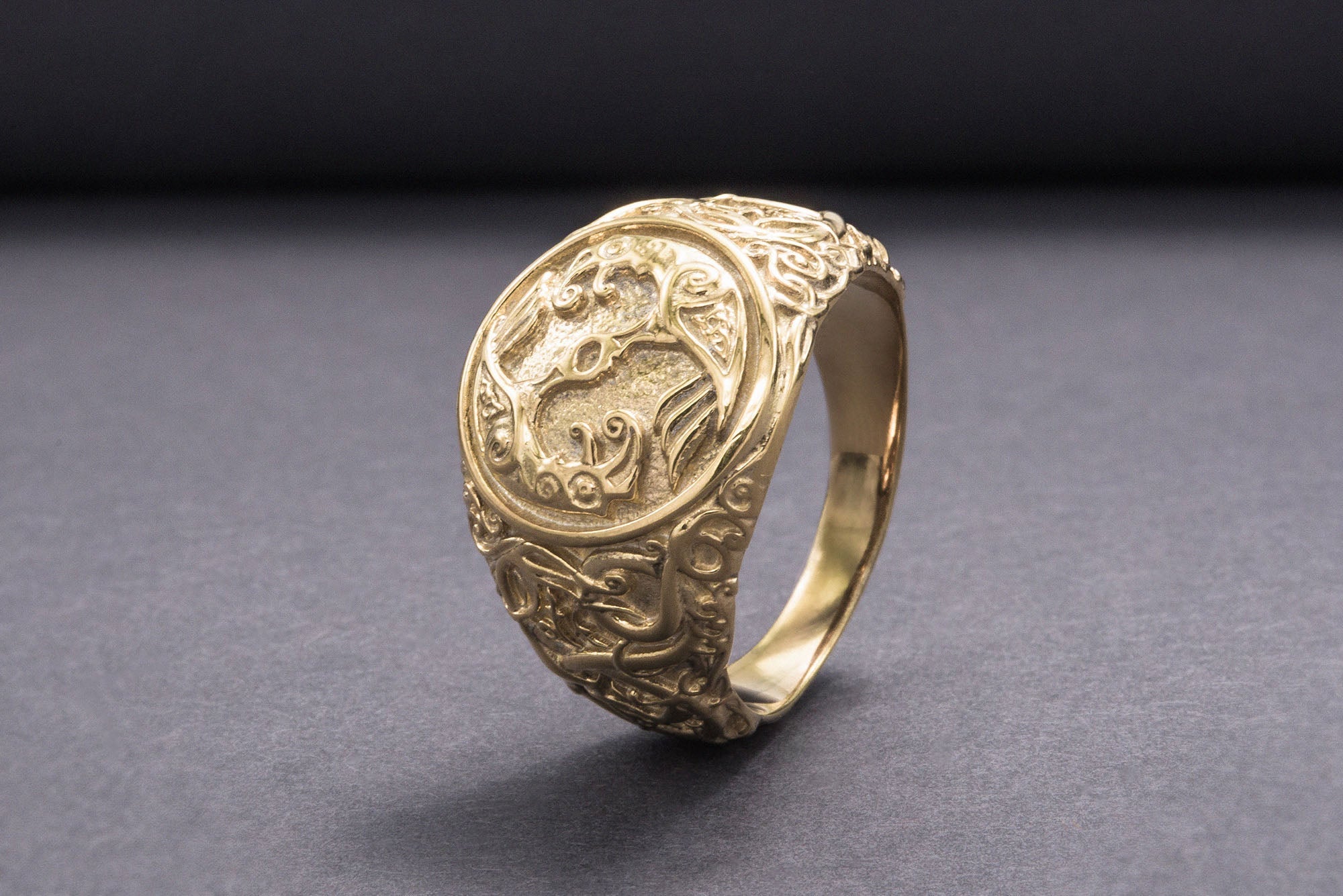 Odin Raven Symbol Ring with Urnes Style Gold Viking Jewelry - vikingworkshop