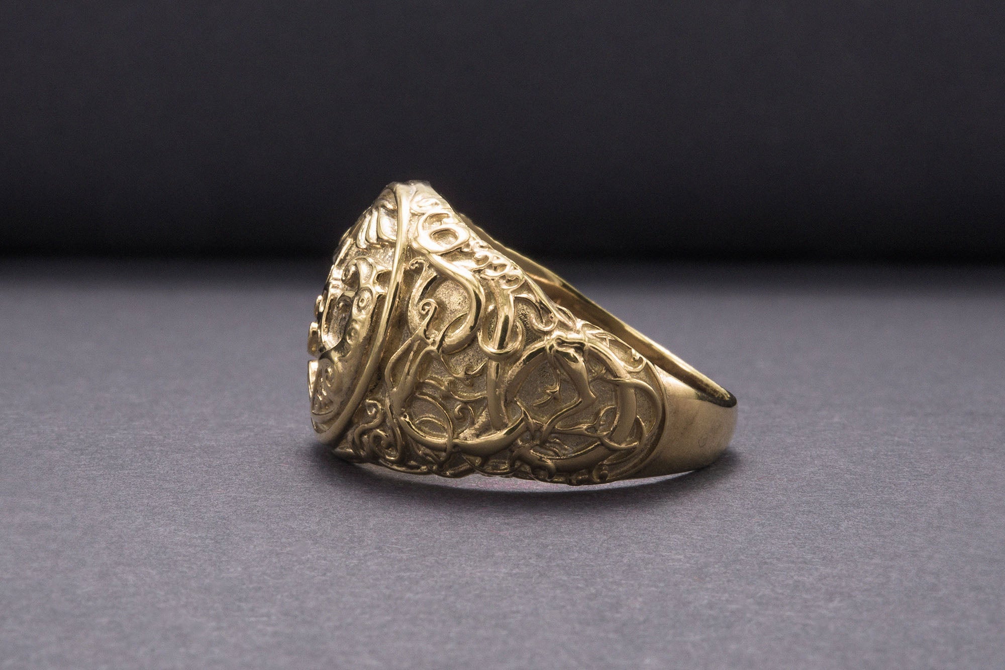 Odin Raven Symbol Ring with Urnes Style Gold Viking Jewelry - vikingworkshop