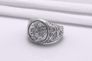 950 Platinum Odin Raven Symbol Ring with Urnes Style, Handcrafted Viking Jewelry - vikingworkshop