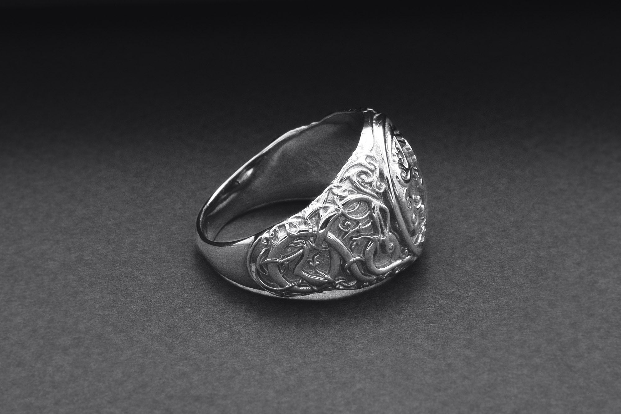 950 Platinum Odin Raven Symbol Ring with Urnes Style, Handcrafted Viking Jewelry - vikingworkshop