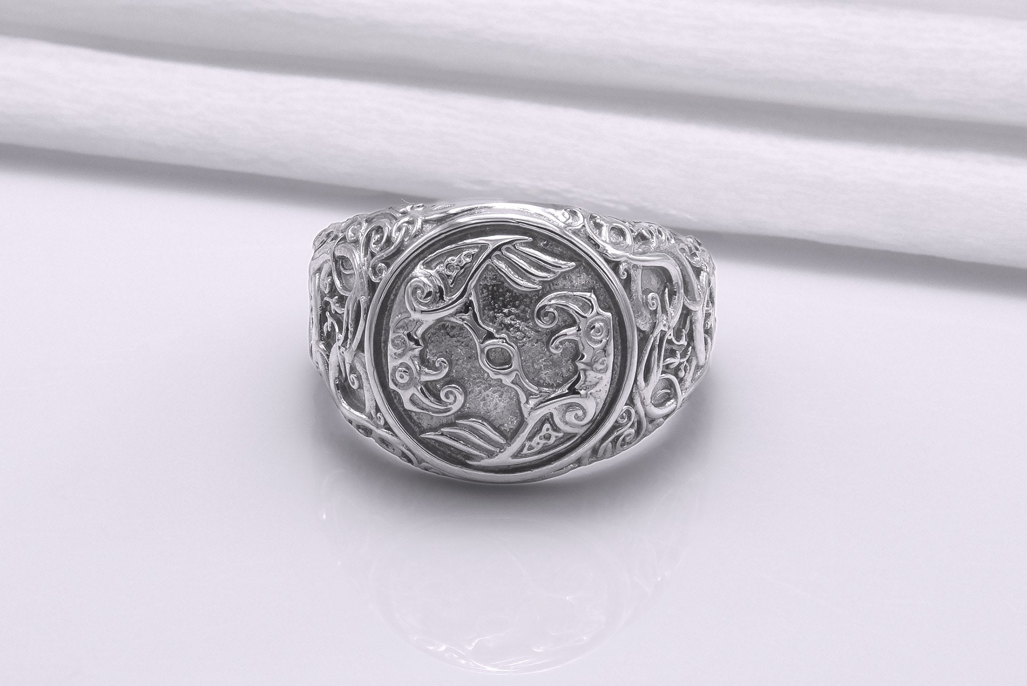 950 Platinum Odin Raven Symbol Ring with Urnes Style, Handcrafted Viking Jewelry - vikingworkshop