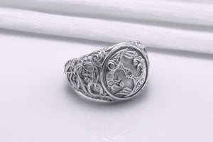 950 Platinum Odin Raven Symbol Ring with Urnes Style, Handcrafted Viking Jewelry - vikingworkshop