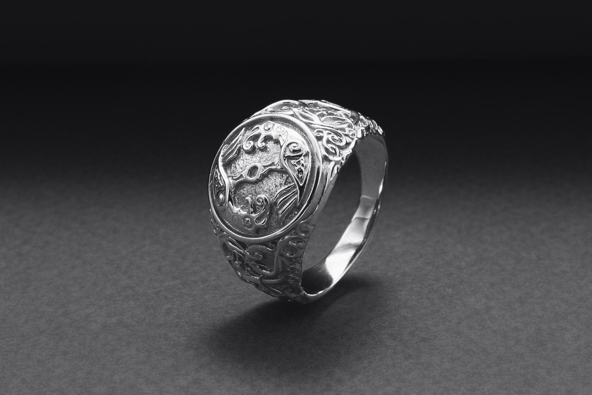 950 Platinum Odin Raven Symbol Ring with Urnes Style, Handcrafted Viking Jewelry - vikingworkshop