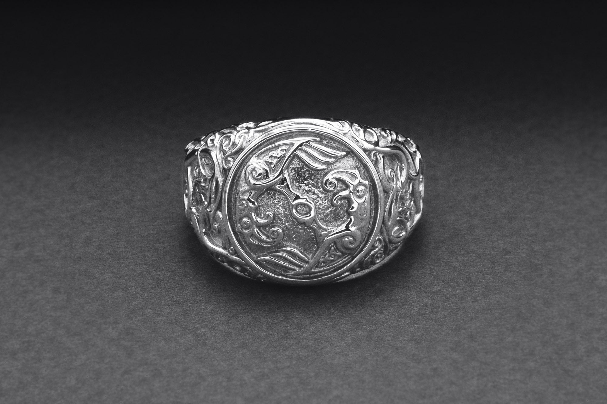 950 Platinum Odin Raven Symbol Ring with Urnes Style, Handcrafted Viking Jewelry - vikingworkshop