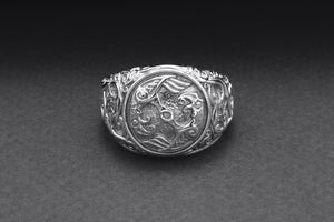 950 Platinum Odin Raven Symbol Ring with Urnes Style, Handcrafted Viking Jewelry - vikingworkshop