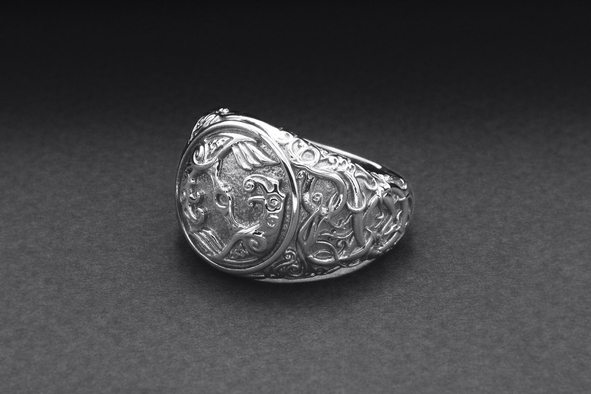 950 Platinum Odin Raven Symbol Ring with Urnes Style, Handcrafted Viking Jewelry - vikingworkshop