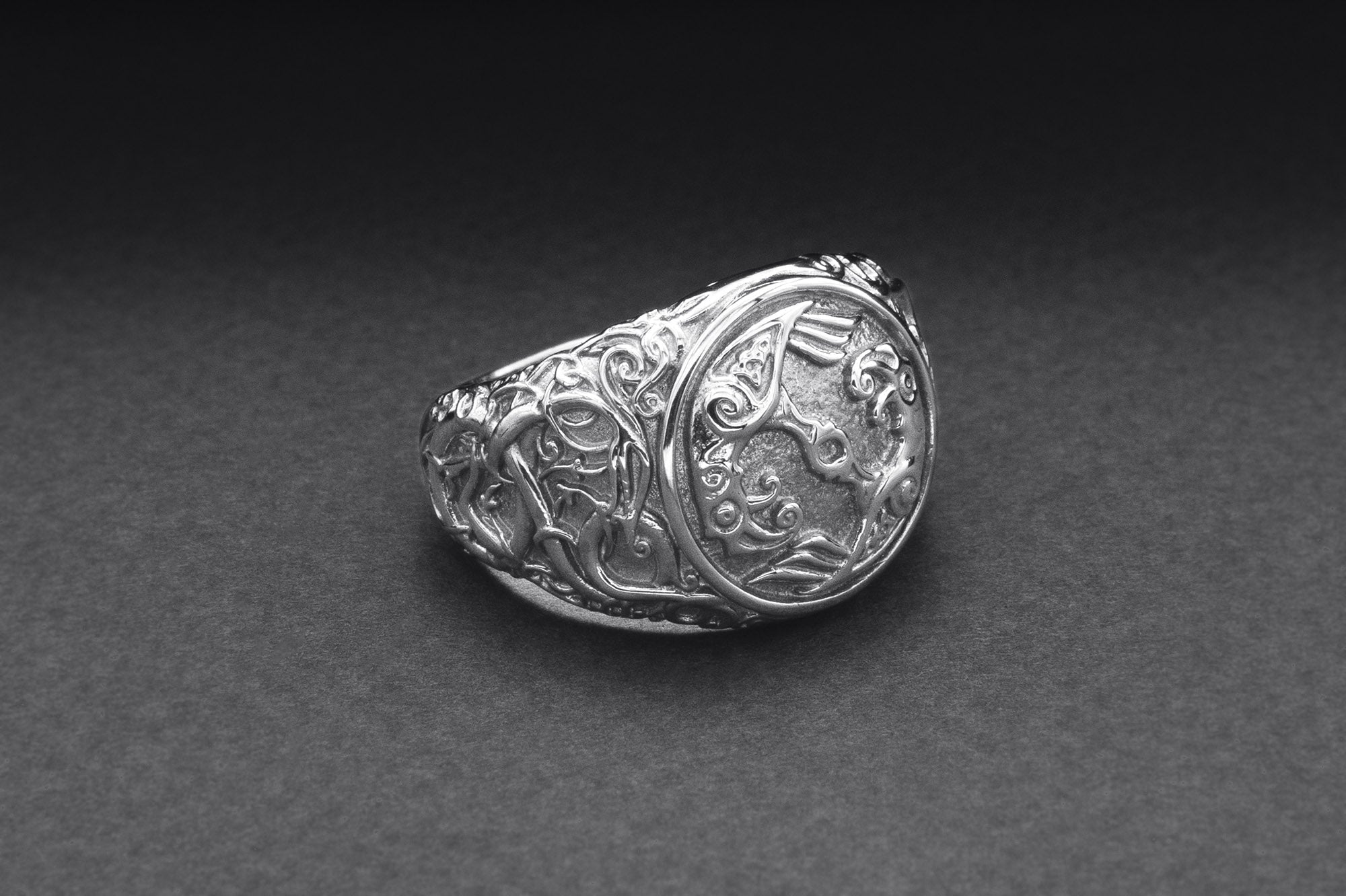 950 Platinum Odin Raven Symbol Ring with Urnes Style, Handcrafted Viking Jewelry - vikingworkshop