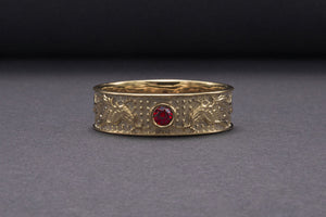 14K Gold Ring with Dragon and Red Cubic Zirconia Jewelry - vikingworkshop