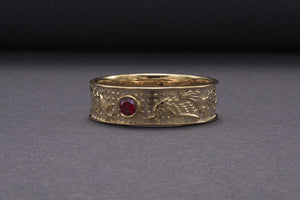 14K Gold Ring with Dragon and Red Cubic Zirconia Jewelry - vikingworkshop