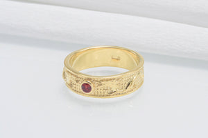 14K Gold Ring with Dragon and Red Cubic Zirconia Jewelry - vikingworkshop