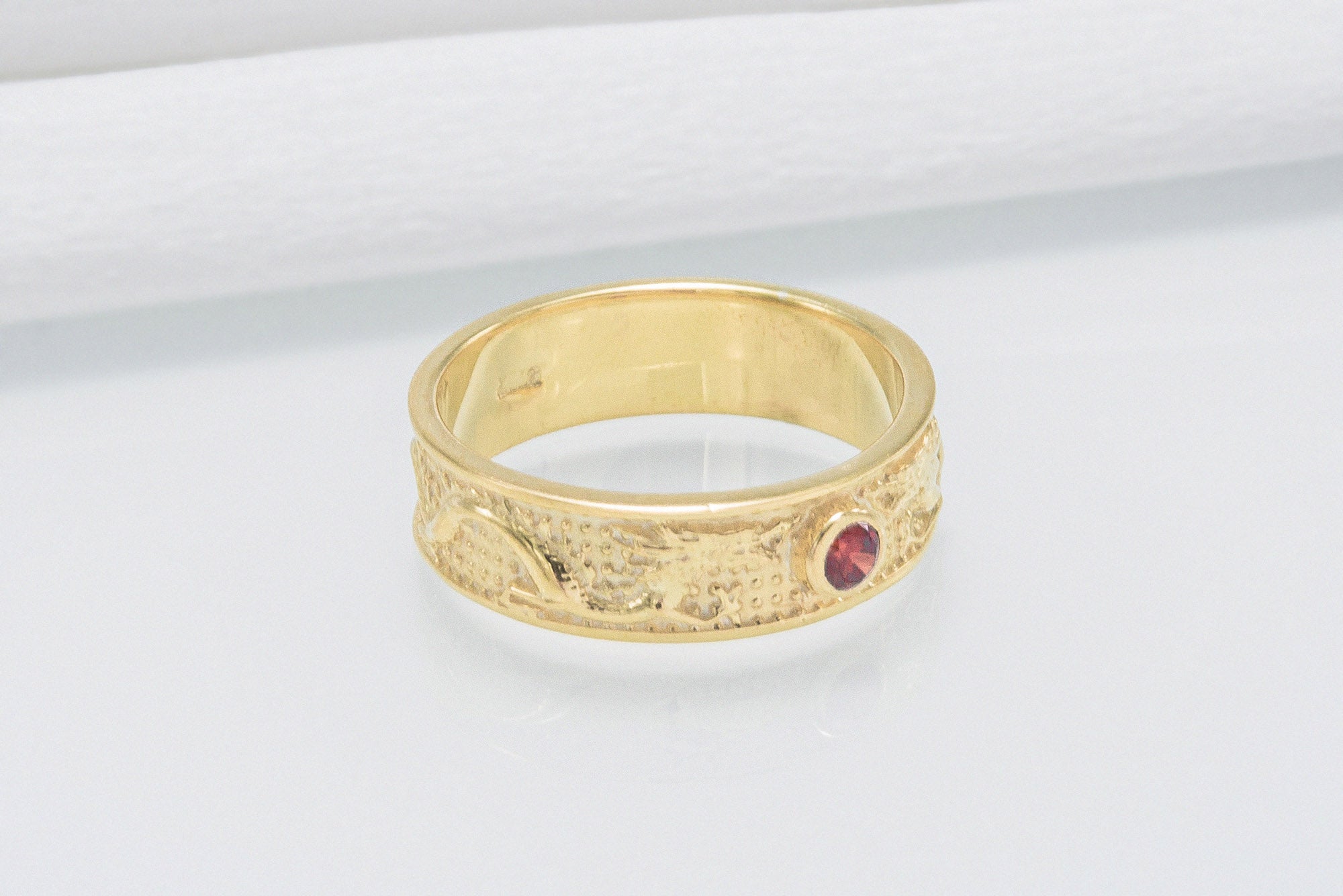 14K Gold Ring with Dragon and Red Cubic Zirconia Jewelry - vikingworkshop