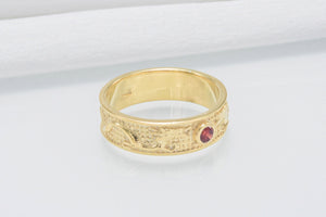 14K Gold Ring with Dragon and Red Cubic Zirconia Jewelry - vikingworkshop