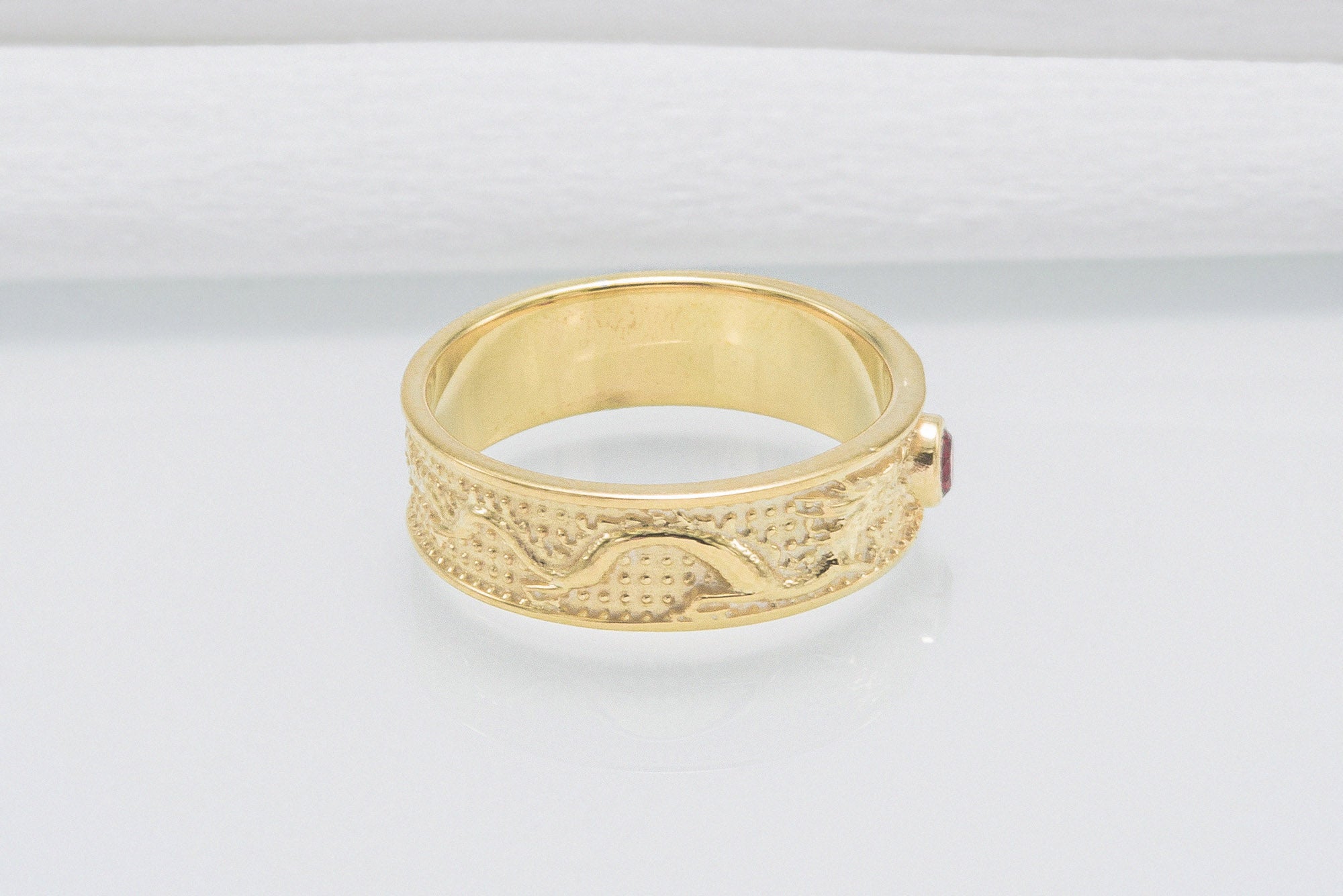 14K Gold Ring with Dragon and Red Cubic Zirconia Jewelry - vikingworkshop